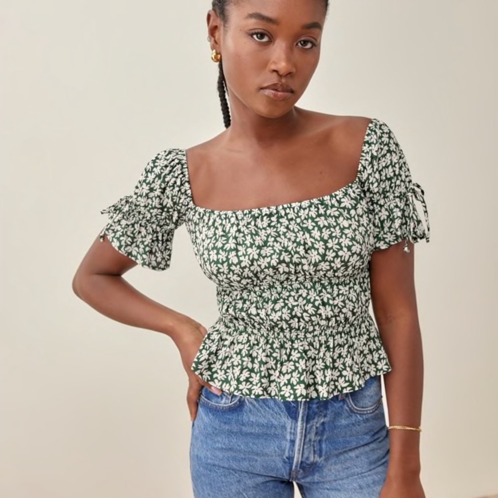 Reformation Green and White Floral Square-Neck Puff Sleeve Top